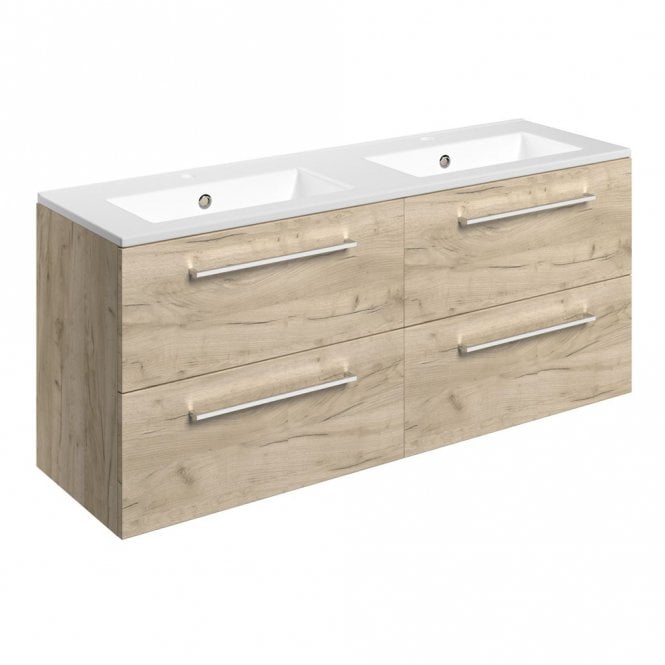 Dove Bathrooms City 1210mm Wall Hung 4 Drawer Basin Unit & 2TH Thin Edge Basin - Oak