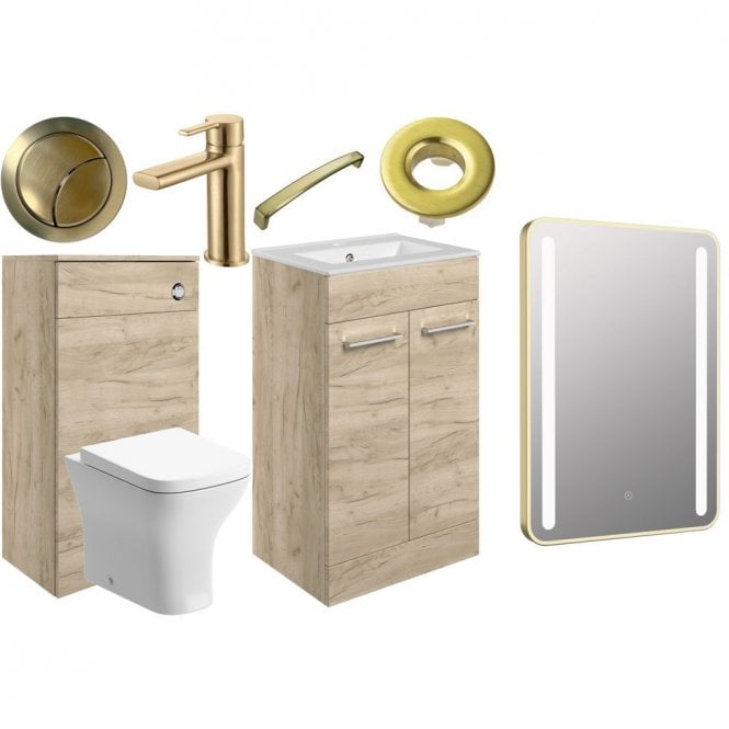 Dove Bathrooms City 510mm F/S Furniture Pack - Oak with Brushed Brass Finishes