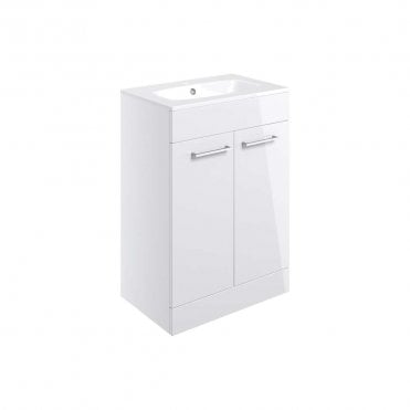 City 610mm Floor Standing 2 Door Vanity Unit & Basin - White Gloss