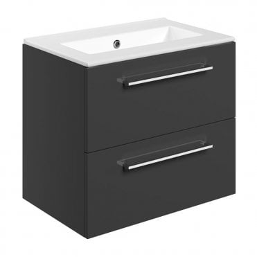 City 610mm Wall Hung 2 Drawer Basin Unit & 0TH Thin Edge Basin - Anthracite Gloss