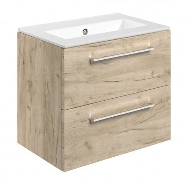 City 610mm Wall Hung 2 Drawer Basin Unit & 0TH Thin Edge Basin - Oak