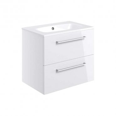 City 610mm Wall Hung 2 Drawer Vanity Unit & Basin - White Gloss
