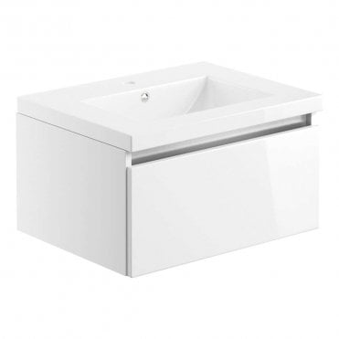 Dulce White Gloss 615mm 1 Drawer Wall Hung Vanity Unit & Ceramic Basin