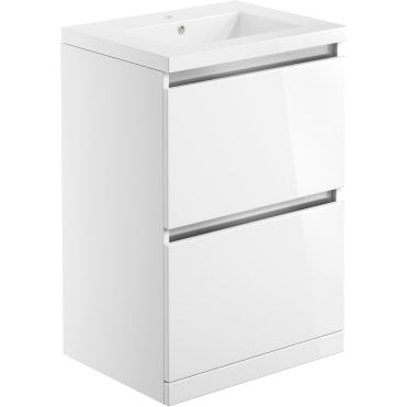 Dulce White Gloss 615mm 2 Drawer Floor Standing Vanity Unit & Ceramic Basin