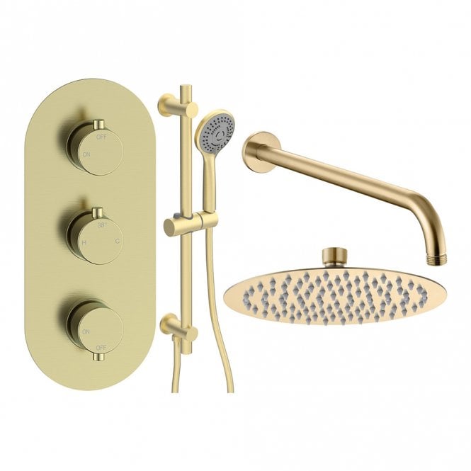 Dove Bathrooms Lagune Brushed Brass Round 2 Outlet Concealed Mixer with Overhead Shower & Rail