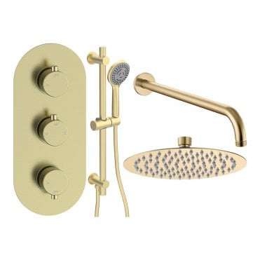 Lagune Brushed Brass Round 2 Outlet Concealed Mixer with Overhead Shower & Rail