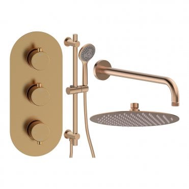 Lagune Brushed Bronze Round 2 Outlet Concealed Mixer with Overhead Shower & Rail