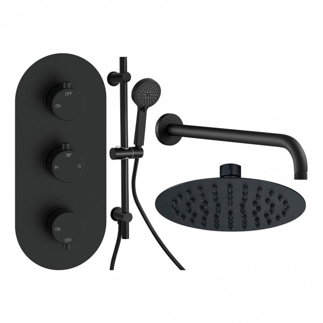 Dove Bathrooms Lagune Matt Black Round 2 Outlet Concealed Mixer with Overhead Shower & Rail