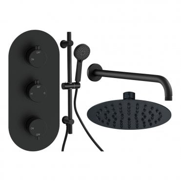 Lagune Matt Black Round 2 Outlet Concealed Mixer with Overhead Shower & Rail