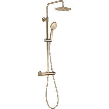 Lagune Round Thermostatic Bar Mixer with Fixed Head & Handset - Brushed Brass