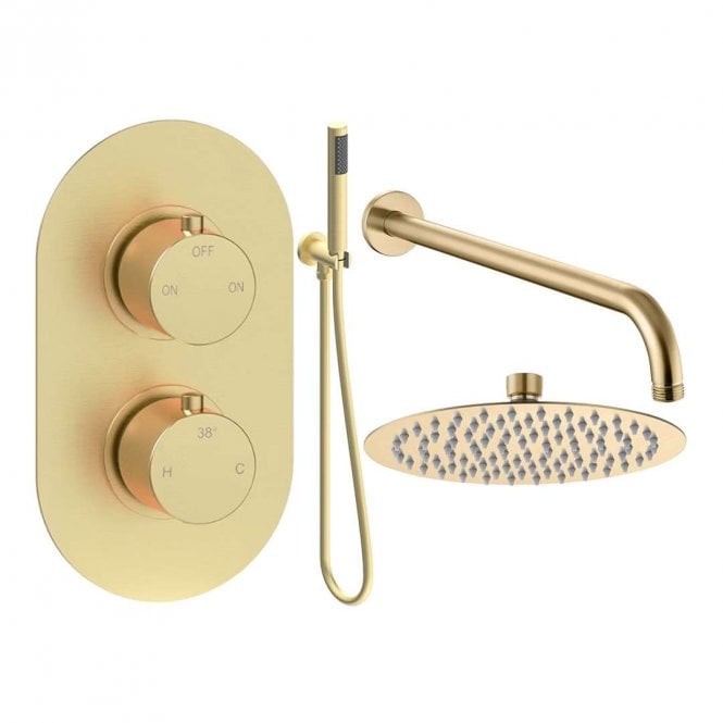 Dove Bathrooms Lagune Round Thermostatic Shower Pack with Fixed Head & Handset - Brushed Brass