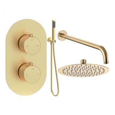 Lagune Round Thermostatic Shower Pack with Fixed Head & Handset - Brushed Brass