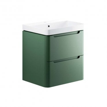 Linda 600mm 2 Drawer Wall Hung Vanity Unit & 1TH Basin - Matt Sage Green