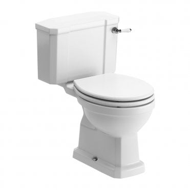 Manhatten Close Coupled WC with Satin Wood Effect Seat & Brushed Brass Lever Handle