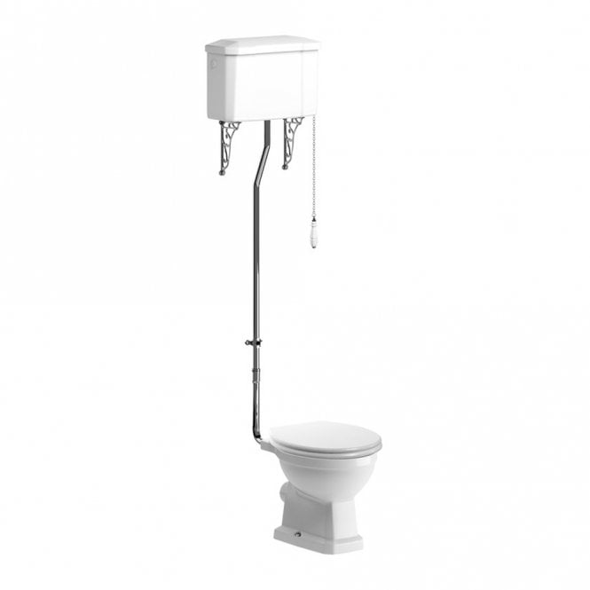 Dove Bathrooms Manhatten High Level WC with Satin Wood Effect Seat & Brushed Brass Flushpipe Handle