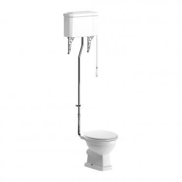 Manhatten High Level WC with Satin Wood Effect Seat & Brushed Brass Flushpipe Handle