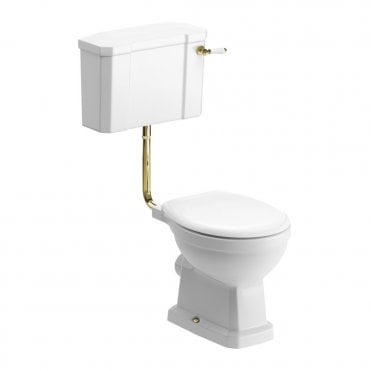 Manhatten Low Level WC with Satin Wood Effect Seat & Brushed Brass Flushpipe Handle