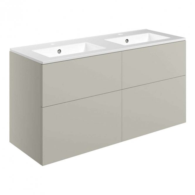 Dove Bathrooms Marina 1210mm Wall Hung 4 Drawer Double Vanity Unit & 2TH Basin - Matt Latte