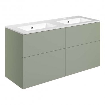 Marina 1210mm Wall Hung 4 Drawer Double Vanity Unit & 2TH Basin - Matt Olive Green