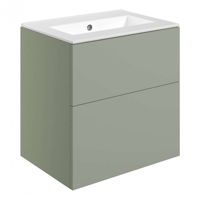 Dove Bathrooms Marina 610mm Wall Hung 2 Drawer Vanity Unit & 0TH Basin - Matt Olive Green