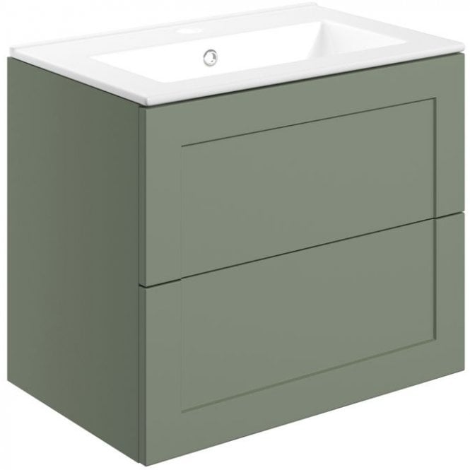 Dove Bathrooms Princeton 615mm Wall Hung 2 Drawer Vanity Unit & 1TH Ceramic Sink - Matt Reed Green