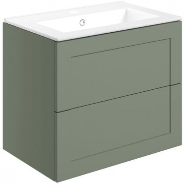 Princeton 615mm Wall Hung 2 Drawer Vanity Unit & 1TH Ceramic Sink - Matt Reed Green
