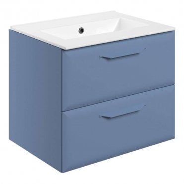 Refresh 615mm Matt Misty Blue Wall Hung 2 Drawer Vanity Unit with 0TH Basin