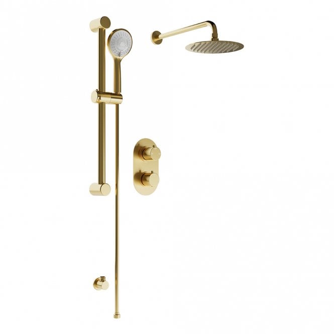 Dove Bathrooms Round Brushed Brass 2 Outlet Concealed Mixer with Overhead Shower & Riser Rail