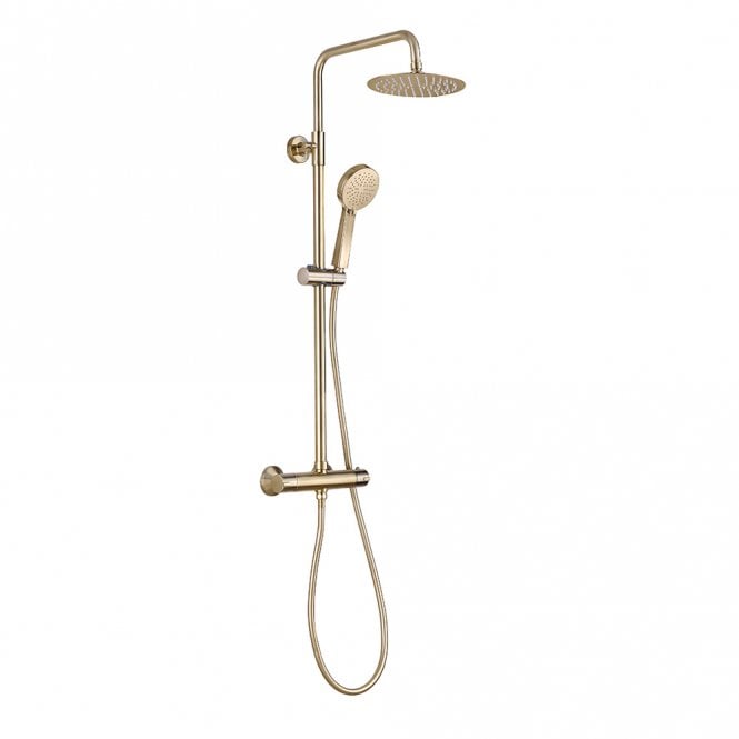 Dove Bathrooms Round Brushed Brass Thermostatic Bar Mixer with Overhead Drencher and Handset