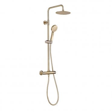 Round Brushed Brass Thermostatic Bar Mixer with Overhead Drencher and Handset