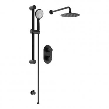 Round Matt Black 2 Outlet Concealed Mixer with Overhead Shower & Riser Rail