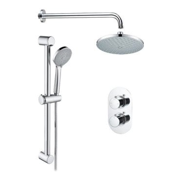 Round Twin Control Concealed Shower Valve with Adjustable Slide Rail & Fixed Head Kit - Chrome