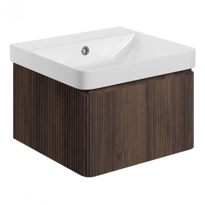 Dove Bathrooms Serena 500mm Wall Hung 1 Drawer Vanity Unit & 1TH Basin - Textured Walnut