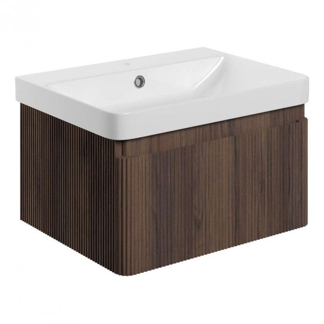 Dove Bathrooms Serena 605mm Wall Hung 1 Drawer Vanity Unit & 1TH Basin - Textured Walnut
