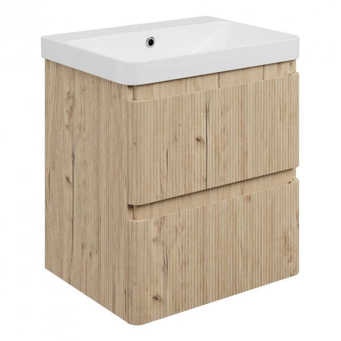 Dove Bathrooms Serena 605mm Wall Hung 2 Drawer Vanity Unit & 1TH Basin - Textured Oak