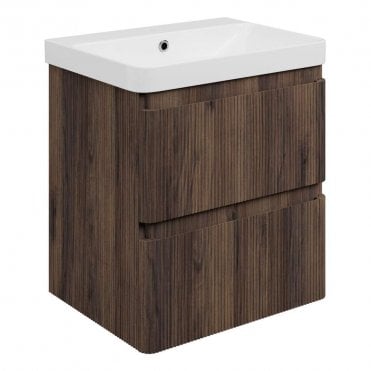 Serena 605mm Wall Hung 2 Drawer Vanity Unit & 1TH Basin - Textured Walnut