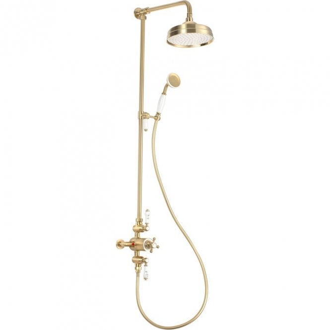 Dove Bathrooms Shore Traditional Lever Thermostatic Two Outlet Shower Valve with Fixed Overhead Riser Kit & Handset - Brushed Brass