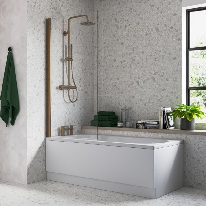 Dove Bathrooms Single 1500x800mm Straight Hinged Bath Screen - Brushed Bronze