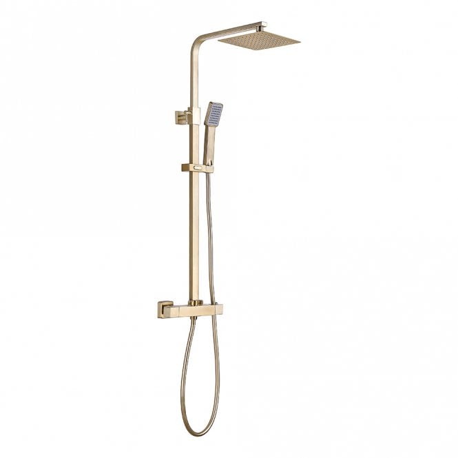 Dove Bathrooms Square Brushed Brass Thermostatic Bar Mixer with Overhead Drencher and Handset