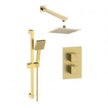 Square Twin Control Concealed Shower Valve with Adjustable Slide Rail & Fixed Head Kit - Brushed Brass