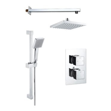 Square Twin Control Concealed Shower Valve with Adjustable Slide Rail & Fixed Head Kit - Chrome