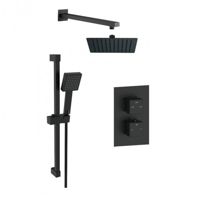 Dove Bathrooms Square Twin Control Concealed Shower Valve with Adjustable Slide Rail & Fixed Head Kit - Matt Black