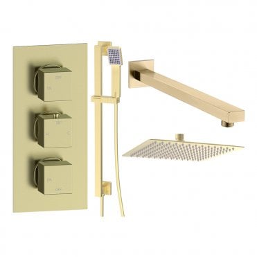 Storm Brushed Brass Round 2 Outlet Concealed Mixer with Overhead Shower & Rail