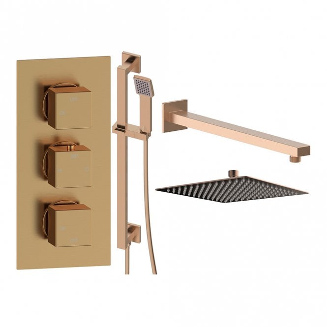 Dove Bathrooms Storm Brushed Bronze Round 2 Outlet Concealed Mixer with Overhead Shower & Rail