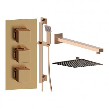 Storm Brushed Bronze Round 2 Outlet Concealed Mixer with Overhead Shower & Rail