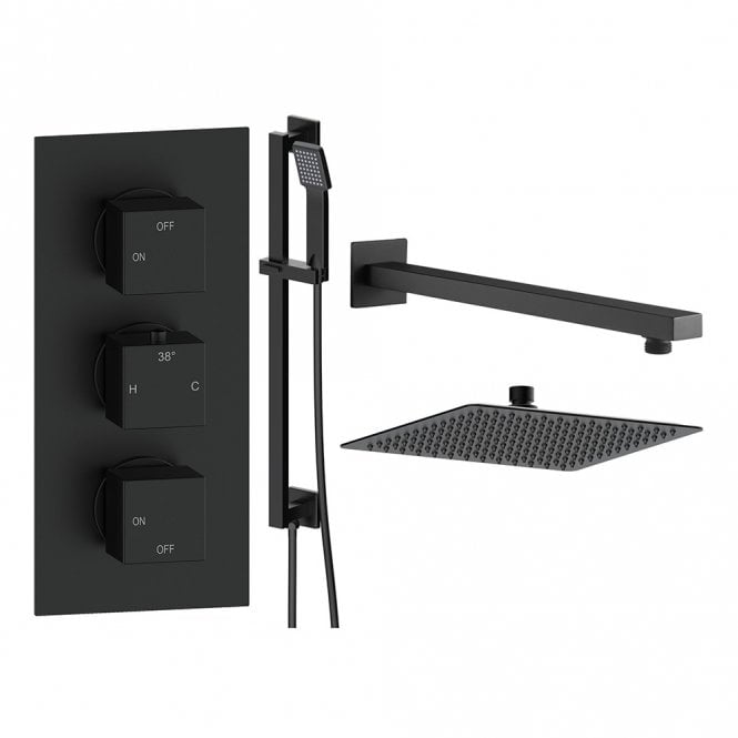 Dove Bathrooms Storm Matt Black Round 2 Outlet Concealed Mixer with Overhead Shower & Rail