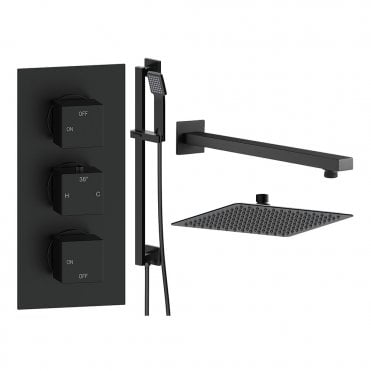 Storm Matt Black Round 2 Outlet Concealed Mixer with Overhead Shower & Rail