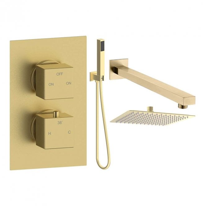 Dove Bathrooms Storm Square Thermostatic Shower Pack with Fixed Head & Handset - Brushed Brass