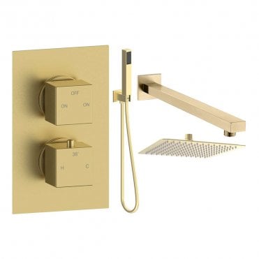 Storm Square Thermostatic Shower Pack with Fixed Head & Handset - Brushed Brass