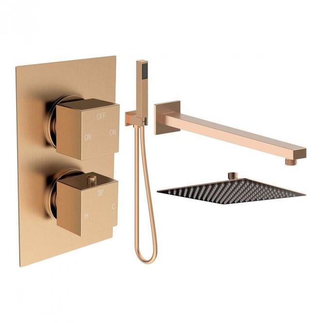 Dove Bathrooms Storm Square Thermostatic Shower Pack with Fixed Head & Handset - Brushed Bronze